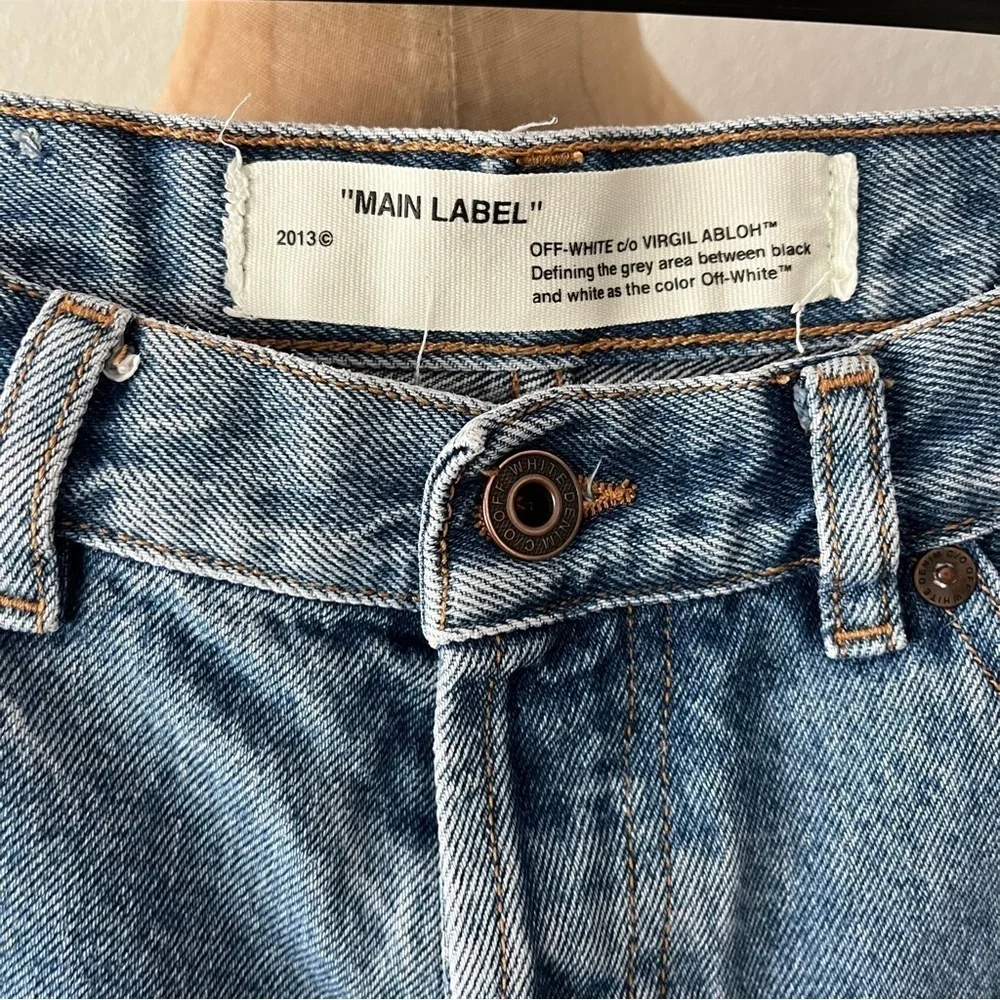 OFF-WHITE Main Label Blue Denim Shorts sz 28 Rose Stripe Virgil Abloh